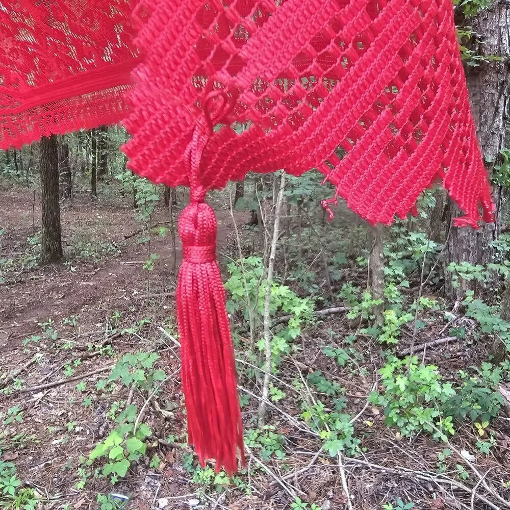 Cherry Red Floral Lace Table Runner with Tassel Fringe 48x13 Cottage Holiday